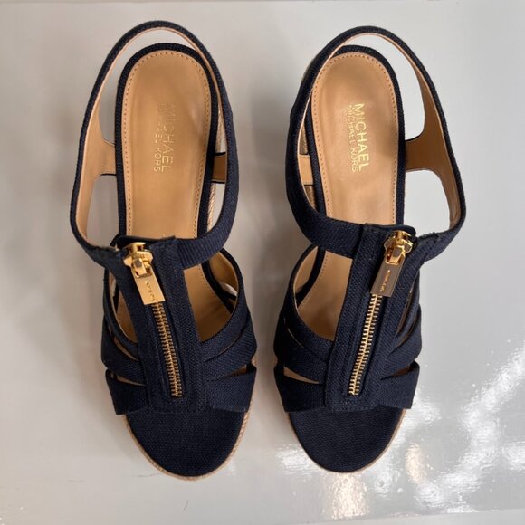 Michael Kors Sandal Women 7 Berkely Wedge Heel Zip Up Canvas Work Party Core Ne - Picture 2 of 14